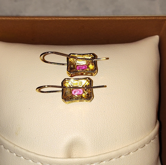 14K GOLD VERMILE 1ct NATURAL PINK EMERALD CUT SAPPHIRE EARRINGS LATCH BACK - Picture 15 of 15